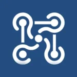Aklando Logo, ein stilisiertes Design mit vier verbundenen Kreisen und Linien auf blauem Hintergrund